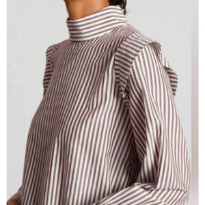 Everlane Size 6 Wing Shoulder Mockneck Long Sleeve Top Striped Brown White NWT